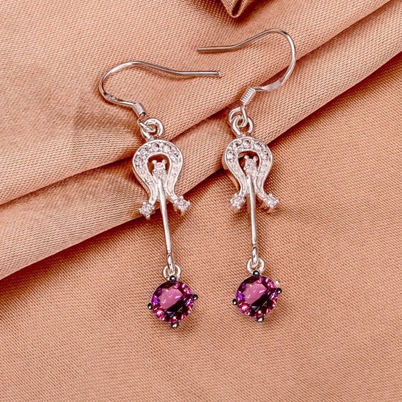 925 Silver Plated Emblem Pink CZ Earrings - Picture 4 of 7